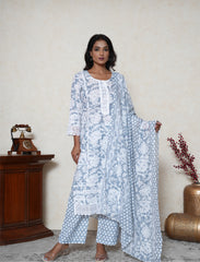 Cool Grey Floral Printed Cotton Suit Set with Lace Detailing