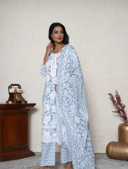 Cool Grey Floral Printed Cotton Suit Set with Lace Detailing