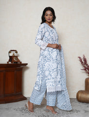Cool Grey Floral Printed Cotton Suit Set with Lace Detailing