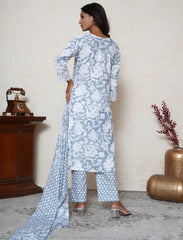 Cool Grey Floral Printed Cotton Suit Set with Lace Detailing