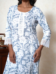 Cool Grey Floral Printed Cotton Suit Set with Lace Detailing