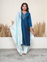 Classic Blue Embellished Suit Set with contrast Banarasi Dupatta