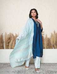 Classic Blue Embellished Suit Set with contrast Banarasi Dupatta
