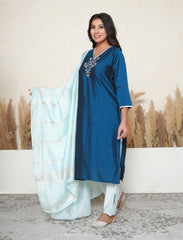 Classic Blue Embellished Suit Set with contrast Banarasi Dupatta