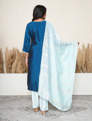 Classic Blue Embellished Suit Set with contrast Banarasi Dupatta