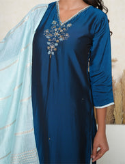 Classic Blue Embellished Suit Set with contrast Banarasi Dupatta