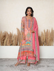Georgia Peach Printed Pakistani-Style A-Line Suit with Mirror Detailing