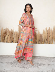 Georgia Peach Printed Pakistani-Style A-Line Suit with Mirror Detailing
