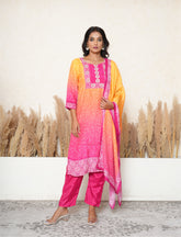 Pink and Yellow bandhej printed embroidered suit