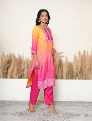 Pink and Yellow bandhej printed embroidered suit