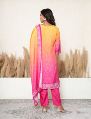 Pink and Yellow bandhej printed embroidered suit