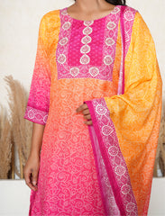 Pink and Yellow bandhej printed embroidered suit