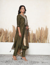 Juniper Green Embroidered Suit Set with Floral Organza Dupatta