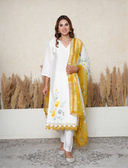 White Handpainted Suit Set with Mustard Contrast Dupatta
