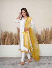 White Handpainted Suit Set with Mustard Contrast Dupatta