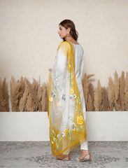White Handpainted Suit Set with Mustard Contrast Dupatta