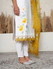 White Handpainted Suit Set with Mustard Contrast Dupatta
