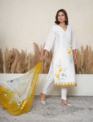 White Handpainted Suit Set with Mustard Contrast Dupatta