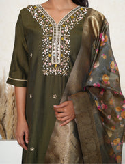 Juniper Green Embroidered Suit Set with Floral Organza Dupatta