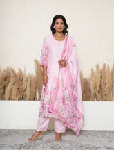Party pink floral print kantha work kurta set