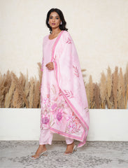 Party pink floral print kantha work kurta set