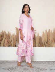 Party pink floral print kantha work kurta set