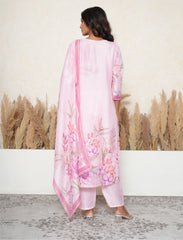 Party pink floral print kantha work kurta set