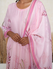 Party pink floral print kantha work kurta set