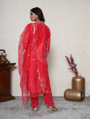 scarlet red bandhej print suit