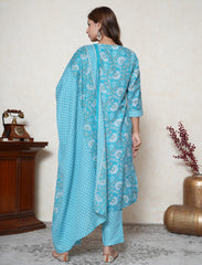 Turquoise blue kalamkari print cotton suit