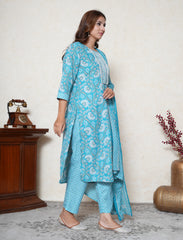 Turquoise blue kalamkari print cotton suit