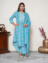 Turquoise blue kalamkari print cotton suit