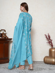 Turquoise blue kalamkari print cotton suit