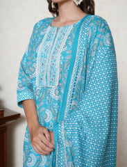 Turquoise blue kalamkari print cotton suit