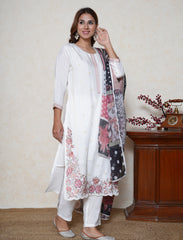 Pearl white Floral embroidered kurta set with digital printed dupatta