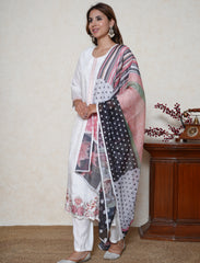 Pearl white Floral embroidered kurta set with digital printed dupatta