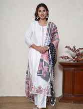 Pearl white Floral embroidered kurta set with digital printed dupatta