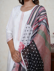 Pearl white Floral embroidered kurta set with digital printed dupatta