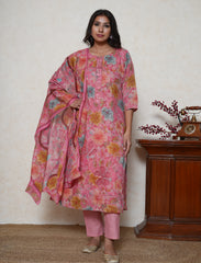 Strawberry pink floral printed cotton suit