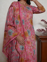 Strawberry pink floral printed cotton suit