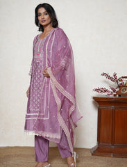 Plum white lace embroidered suit set