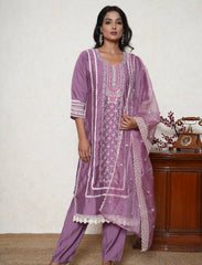 Plum white lace embroidered suit set