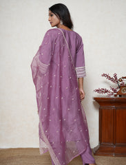 Plum white lace embroidered suit set