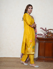 cyber yellow embroidered neck suit with multicolour dupatta
