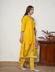 cyber yellow embroidered neck suit with multicolour dupatta