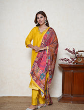 cyber yellow embroidered neck suit with multicolour dupatta