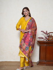 cyber yellow embroidered neck suit with multicolour dupatta