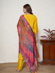 cyber yellow embroidered neck suit with multicolour dupatta