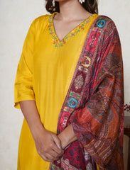 cyber yellow embroidered neck suit with multicolour dupatta