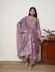 mauve digital print french knot embroidered suit set